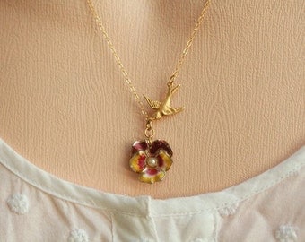 Pansy Necklace, Pansy Jewelry , Pansy Flower Necklace , Vintage Pansy