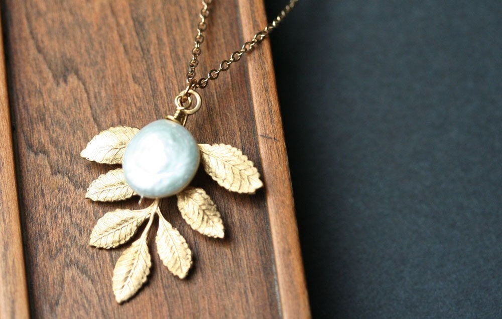 Woodland Gold Leaf Necklace, Coin Pearl Necklace