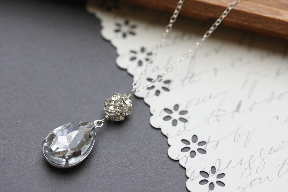 Vintage Crystal Rhinestone Necklace ,Teardrop Necklace, Bridal Jewelry