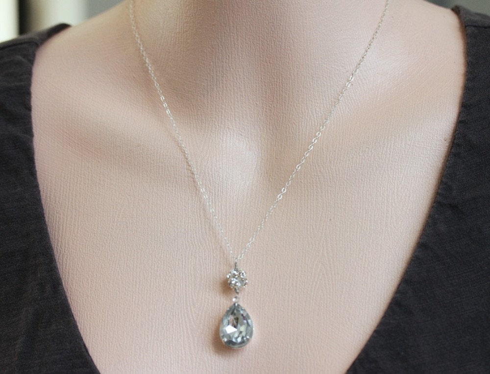 Vintage Crystal Rhinestone Necklace ,Teardrop Necklace, Bridal Jewelry