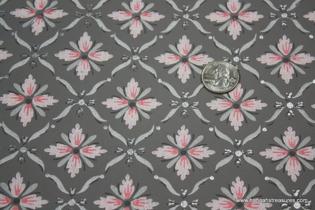 1940's Vintage Wallpaper  gray with pretty pink and silver metallic Geometric