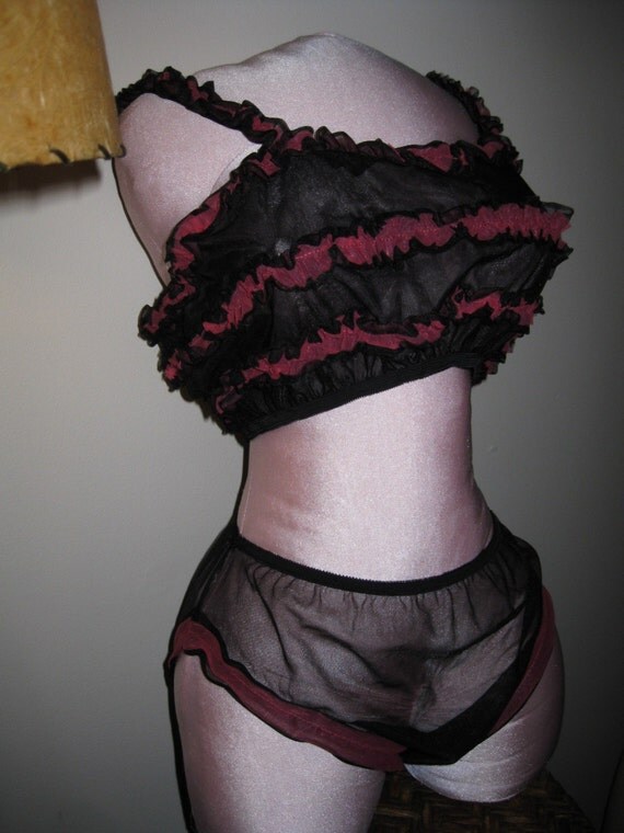 Vintage 50s 60s SHEER NYLON Chiffon PANTIES and Bra Top Frilly Rhumba Ruffle Pinup Set