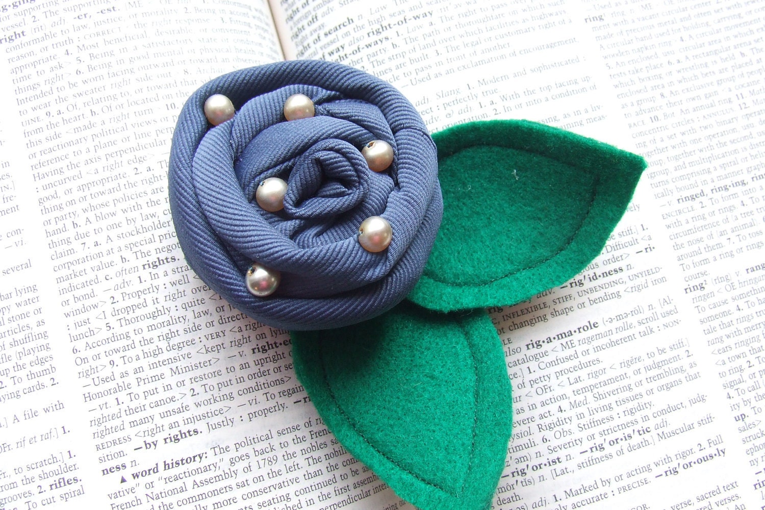 Rosette Flower Necktie Brooch Pin in ocean twilight blue with ivory pearls