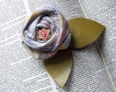 Rosette Flower Necktie Brooch Pin in Blue Yellow Pink Pastel Plaid with repurposed leather leaves