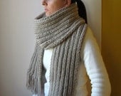 Chunky Scarf Knitted in Beige Acrylic Wool Blend Yarn