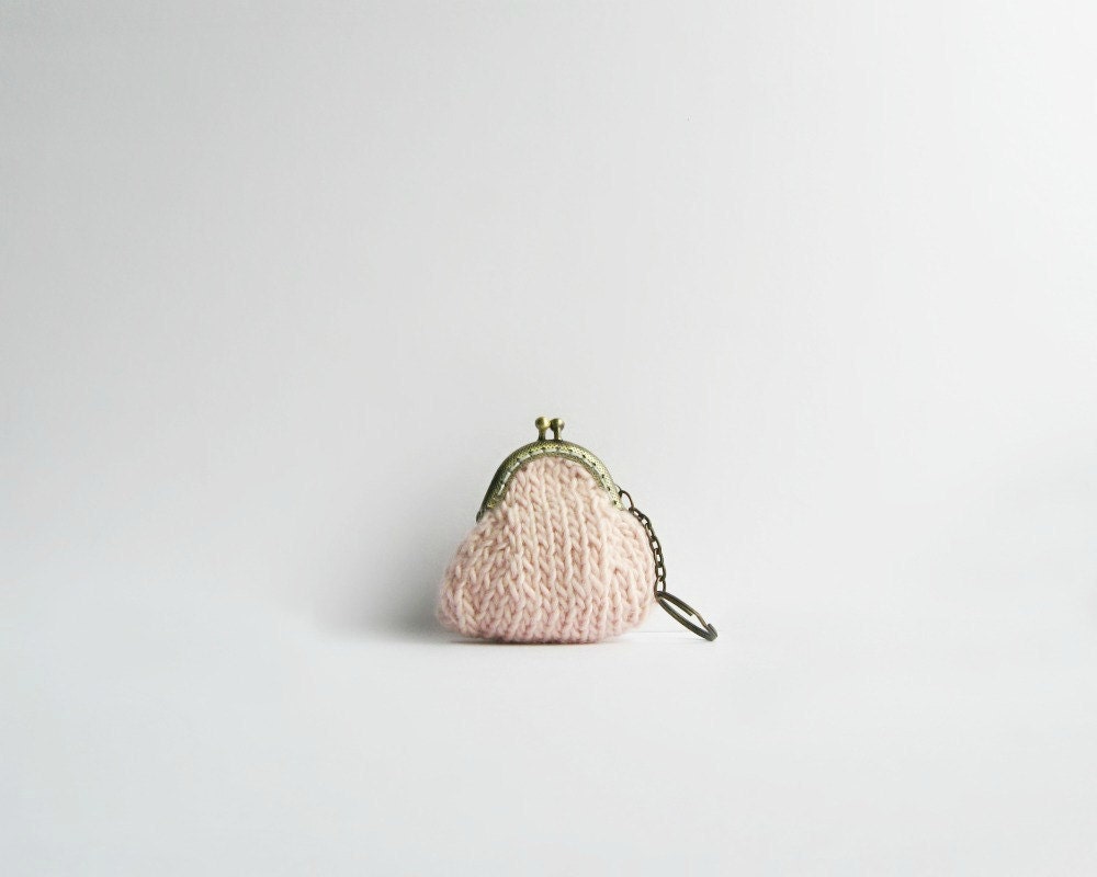 pink coin purse with key chain - knitted in merino wool