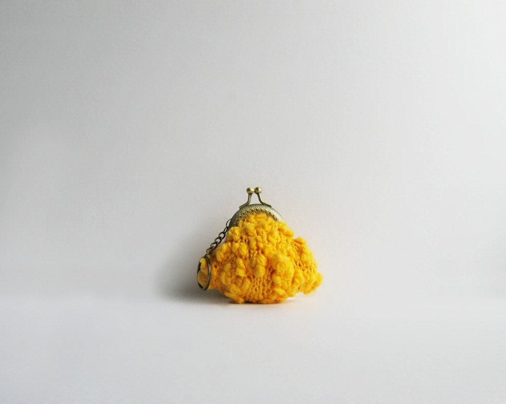 yellow coin purse with key chain - knitted in cotton yarn