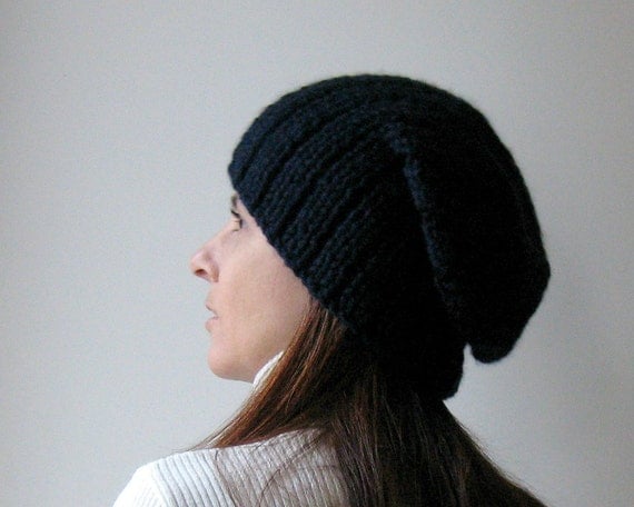 Beanie Hat Knitted in Navy Blue Wool