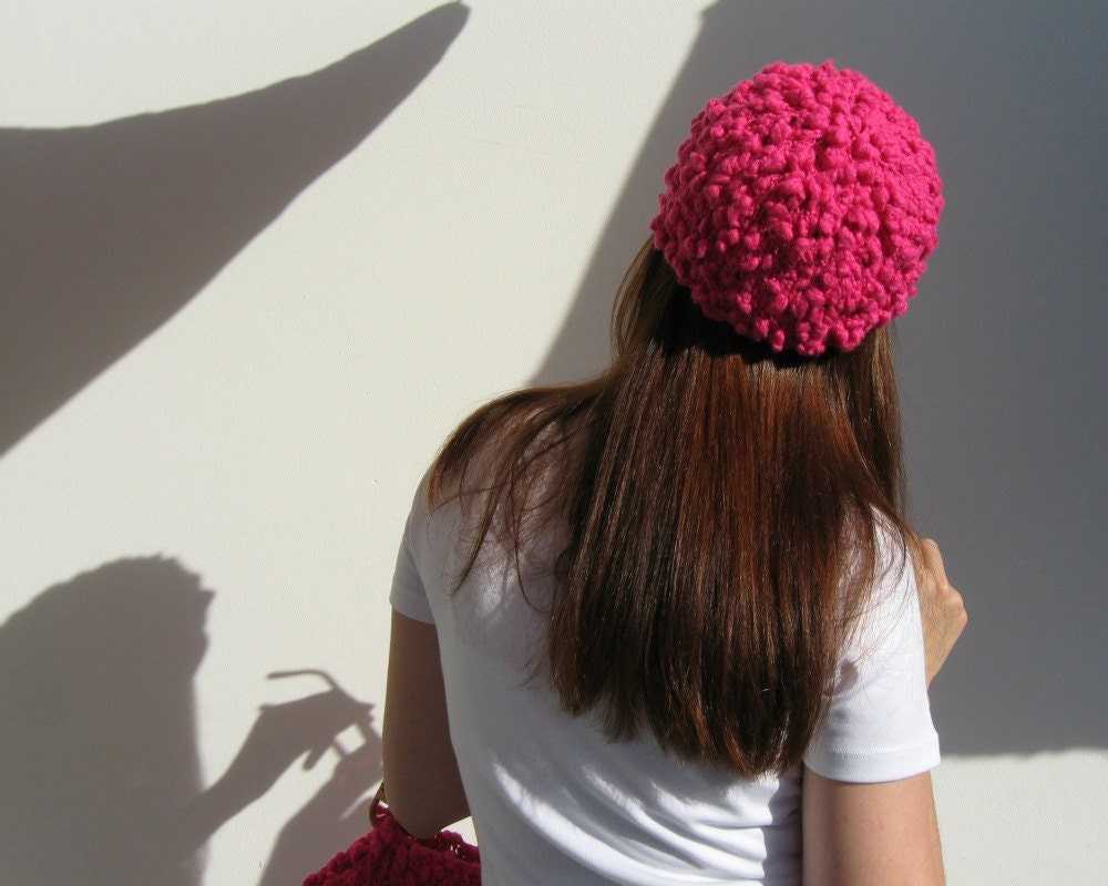 Tuque Hat Knitted in Magenta Cotton