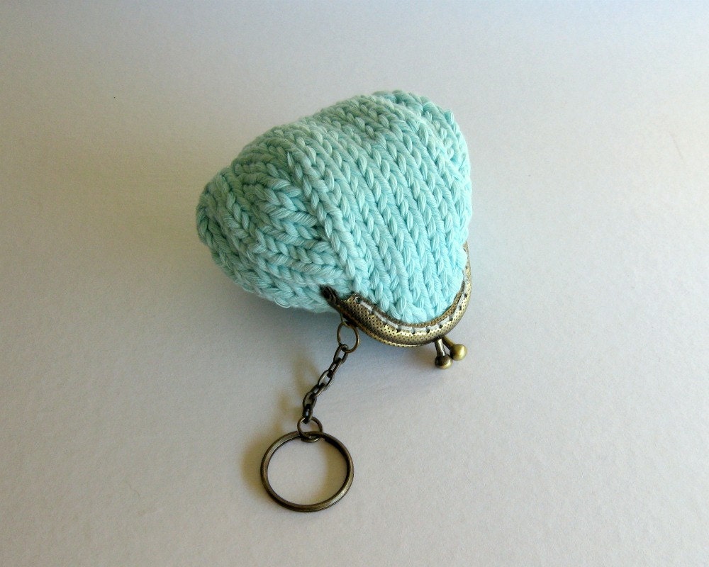 purse coin knit in robin egg blue cotton - with key chain