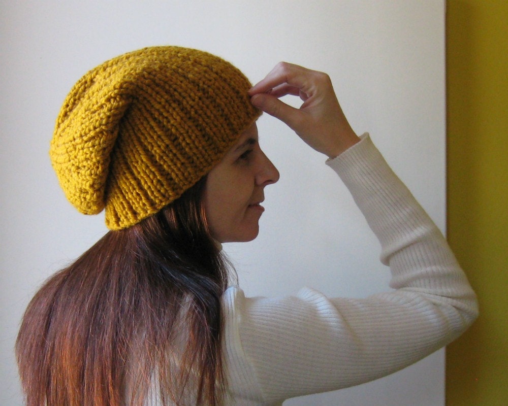 Puffy Hat Yellow Hand Knitted