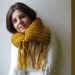 Chunky Cowl with Fringes Knitted in Yellow Acrylic Wool Blend Yarn