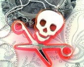RUNNING WITH SCISSORS -  Skull and Scissors Laser Cut Acrylic Necklace in Pink and Silver Mirror