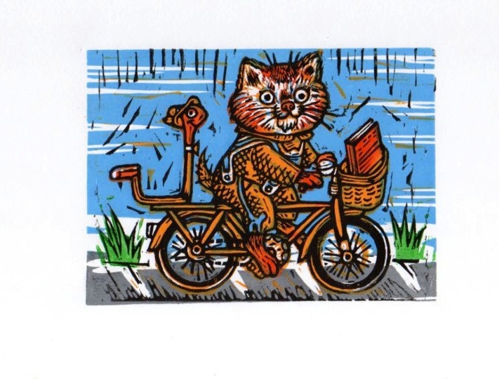 Cat and Worm Linocut Art Print