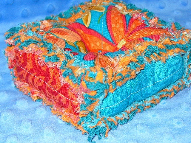 Rag Quilt Pincushion Blue Orange Flowers