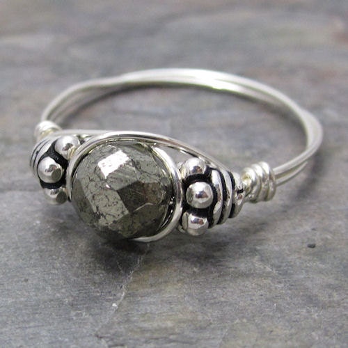 Pyrite Fools Gold Faceted Bali Sterling Silver Wire Wrapped Bead Ring ANY size