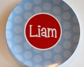 Polka Dot - Blue and Red - Personalized Melamine Plate