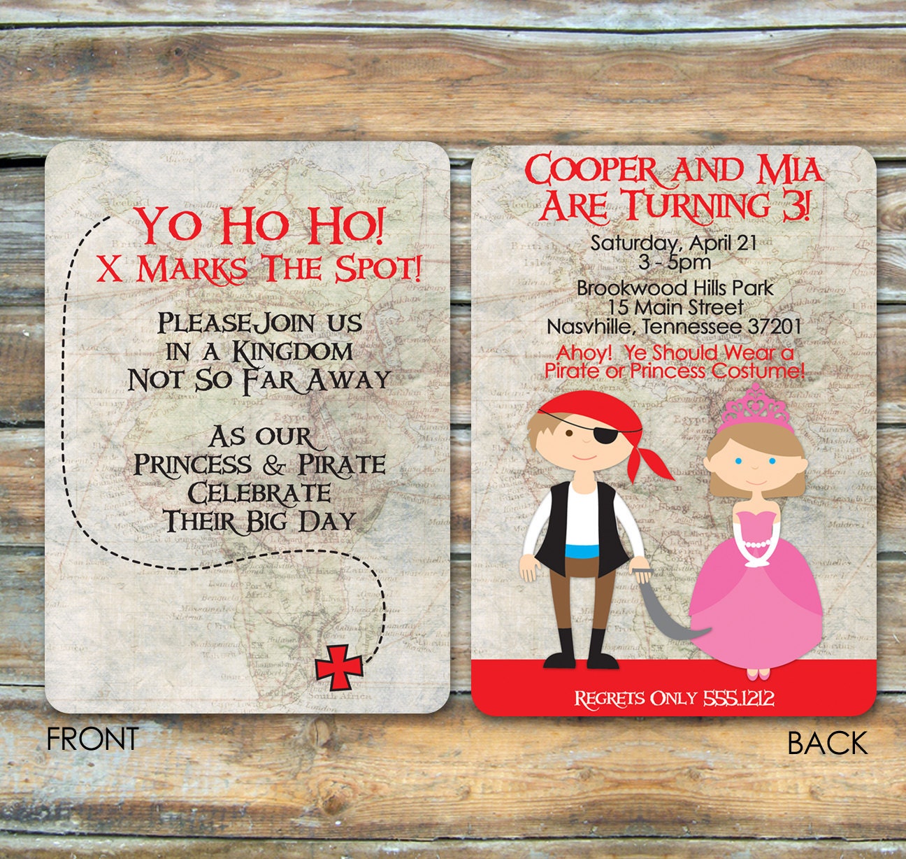 Pirate and princess Party Invitations - Birthday - Customize to Look Like Your Child - two sided printing