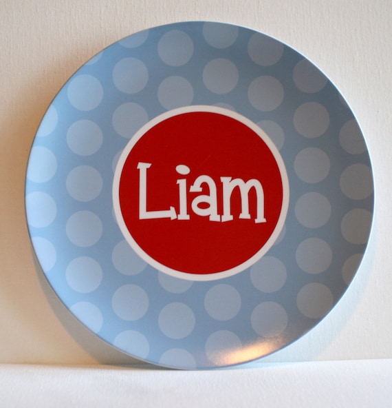 Polka Dot - Blue and Red - Personalized Melamine Plate Il_570xn