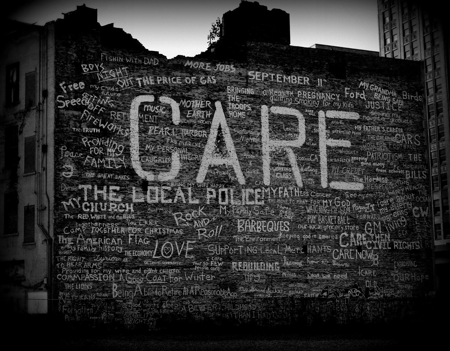 5x7 Black & White CARE Wall Fine Art Print