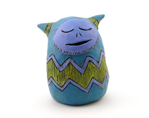 Clay Monster Figurine Sculpture Teal Blue Green