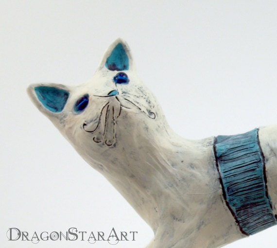 Clay Cat Sculpture Art Object Blue Beige Monster Janus