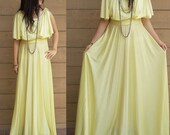 GORGEOUS Vintage Yellow Pleated Grecian Glamerou Maxi Dress Retro Hippie Bohemian Xsmall -Small