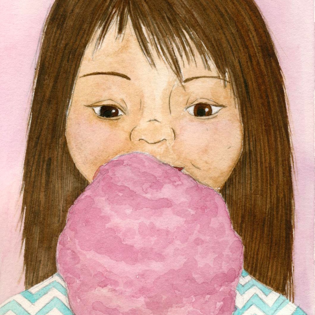 Cotton Candy Girl. Original watercolor drawing. pink, cotton candy, chevron stripes
