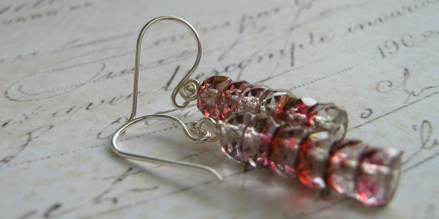 Red Crystal Dangle Earrings, Red Glass Sterling Silver Earrings, Stacked Rondelle Earrings, Wire Wrapped Earrings