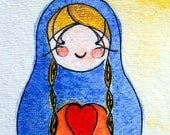 Merry Matryoshka. ACEO Print. Russian Folk Doll Mixed Media Painting.