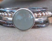 Aquamarine Ring Stack. 14K White Palladium Gold, Oxidized Palladium, Sterling Silver Bead Ring