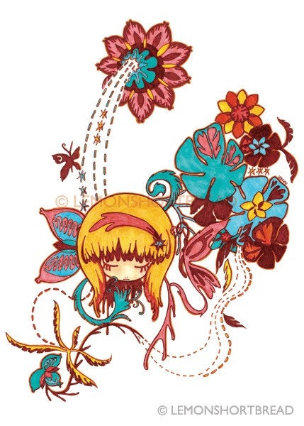 Illustration Art Print Pop Surrealism 5x7" Giclee Kawaii Cute Flowers Plants - Tropical Fruit Punch