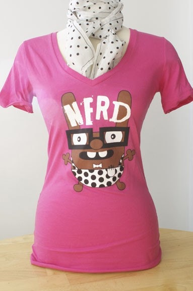 Nerd character: ladies or youth cotton t-shirt in hot pink - size MEDIUM
