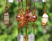 Moonstone (June Birthstone) Windchime with Recycled Aluminum and Copper Wrapped Iridescent Orange and Clear Glass Marble Prisms