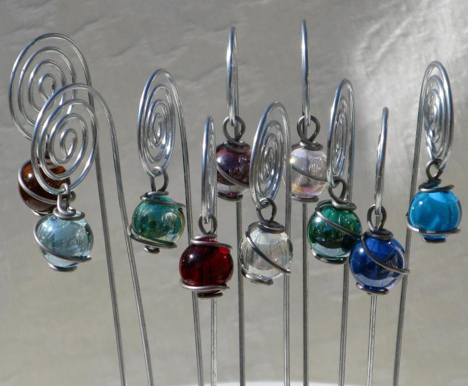 Spiral Table Number, Photo or Card Holders, Plant Picks, in Silver/Steel with Wire Wrapped Glass Marble Prisms