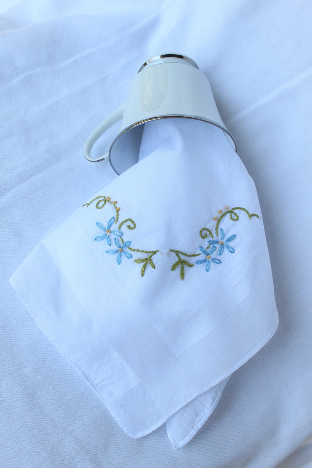 Blue Floral Hand Embroidered Handkerchief