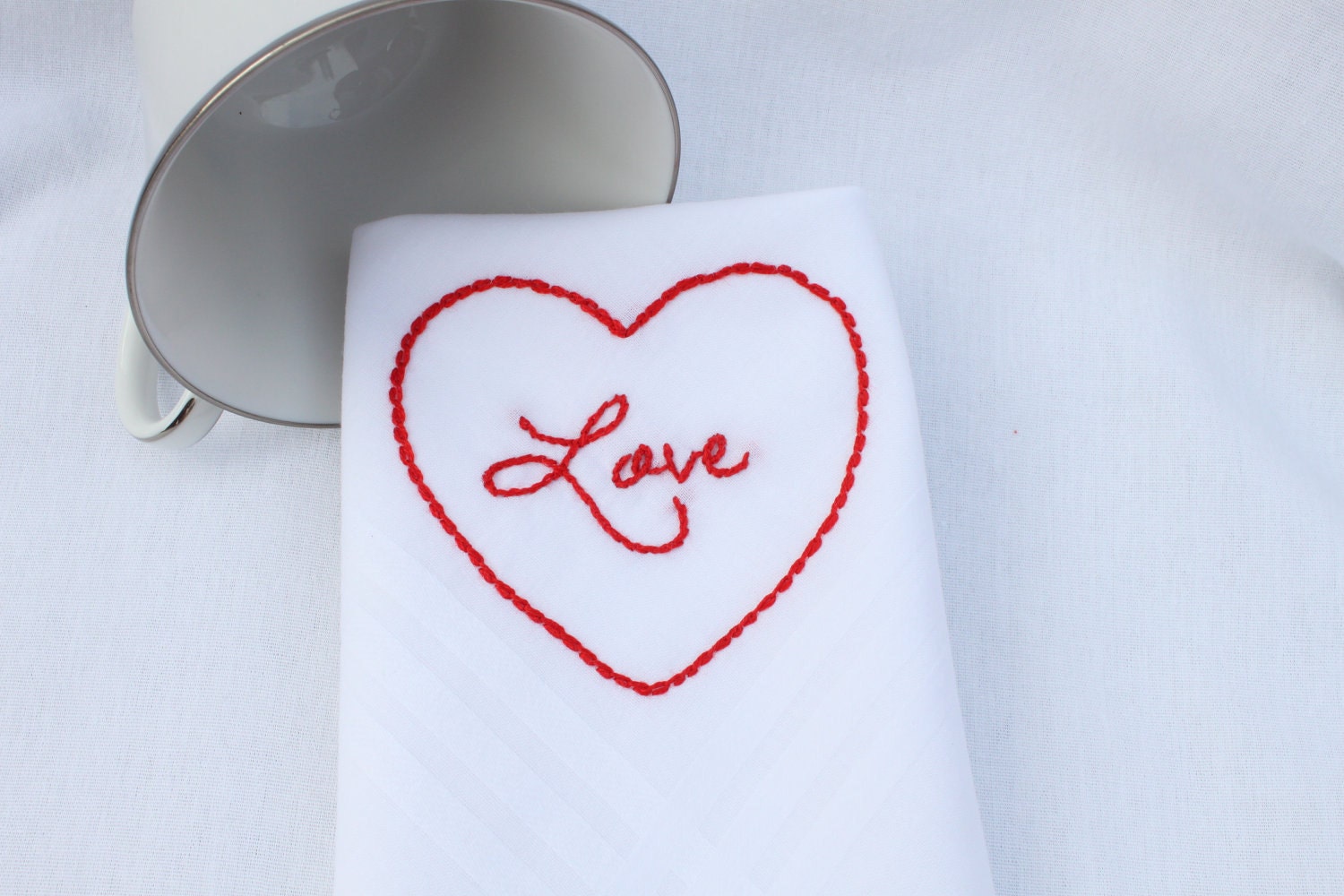 Hand Embroidered Handkerchief - Red, Heart, Love