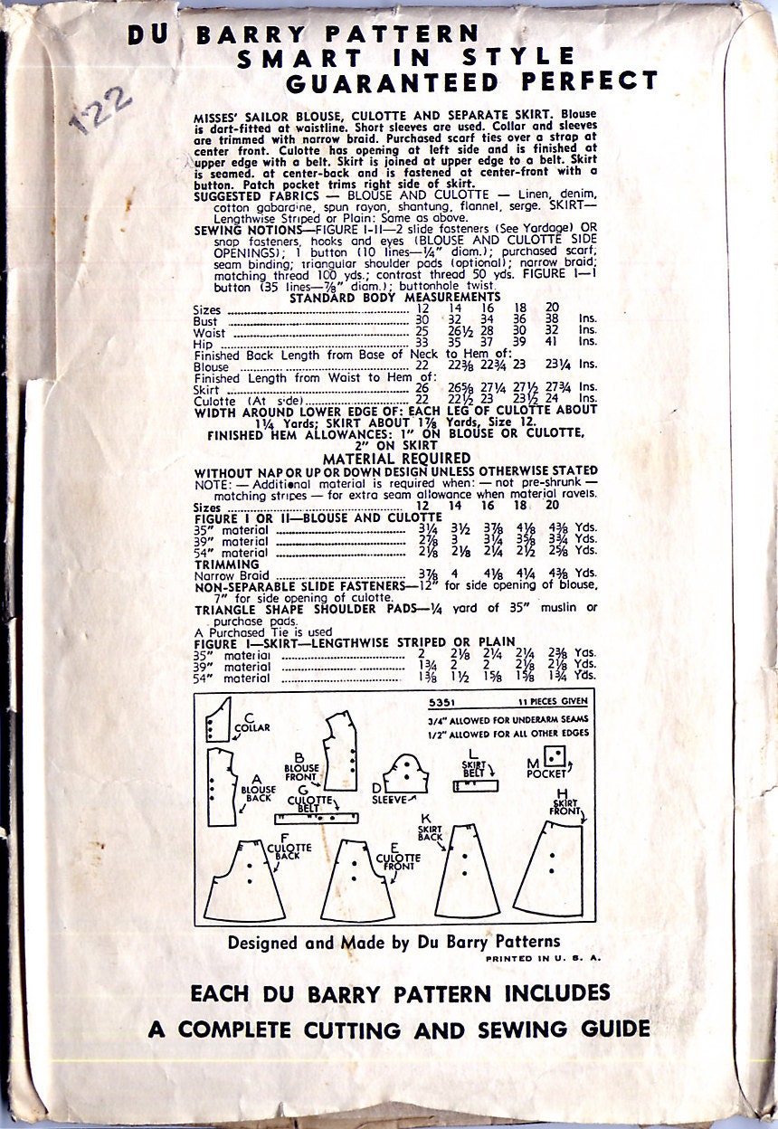 1940s DuBarry 5351 - Sailor Blouse, Culotte, Skirt Pattern - Size 16