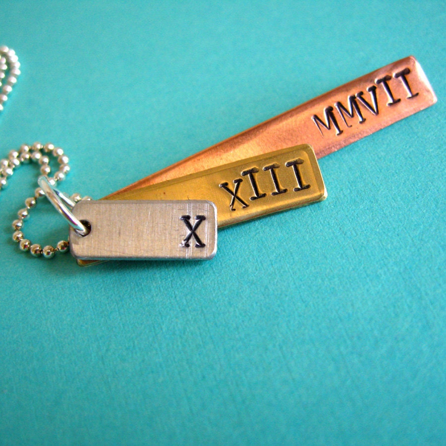 Personalized Roman Numeral Date Mixed Metal Necklace in aluminum, copper and brass - custom stamped