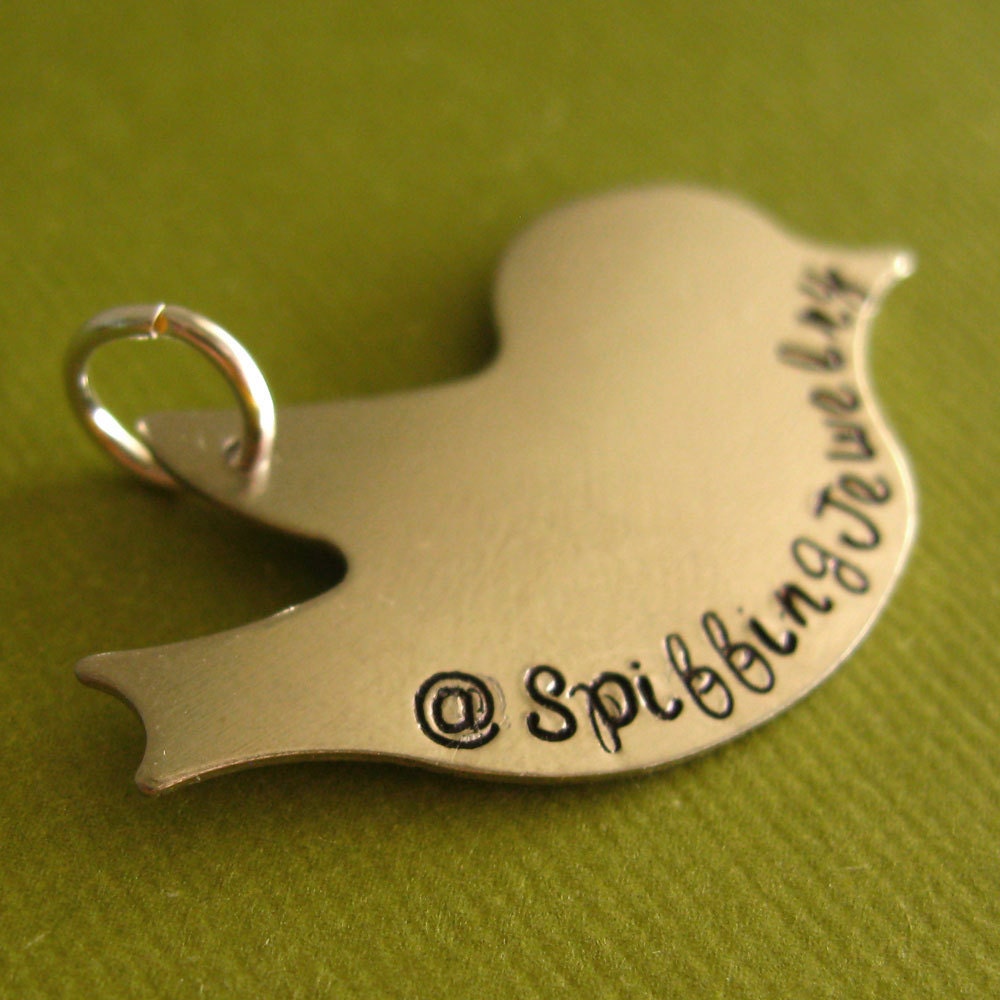 Twitter Bird Pendant customized with your Twitter handle in nickel silver or copper
