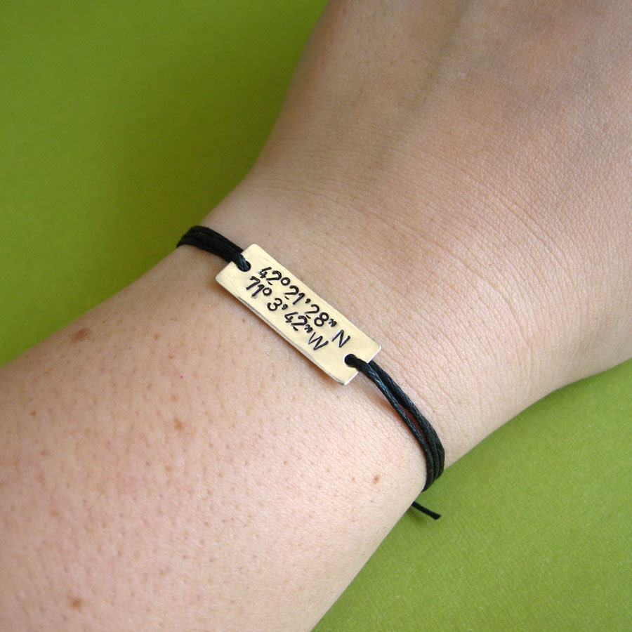 Latitude and Longitude bracelet -customized- aluminum & cotton cord- tied on