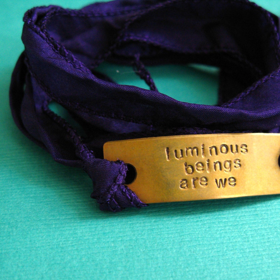 Silk Wrap Bracelet Purple -Custom Stamped in Brass