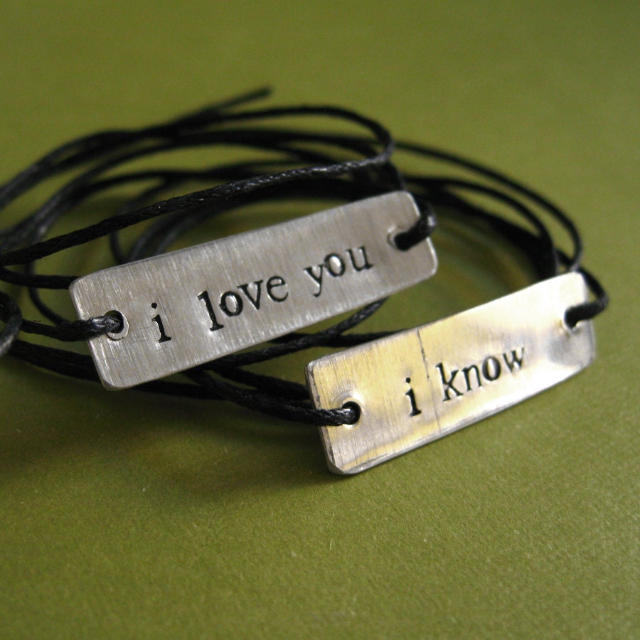 Star Wars Bracelets  Han Solo & Princess Leia: I love you, I know - His and Hers Stamped Metal Wrap Bracelets