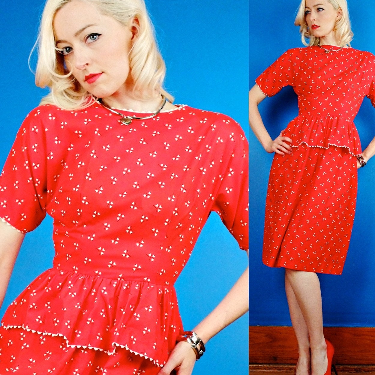 LOVE Vtg 50s RED HEART-PRINT PEPLUM HOURGLASS DRESS XS/S