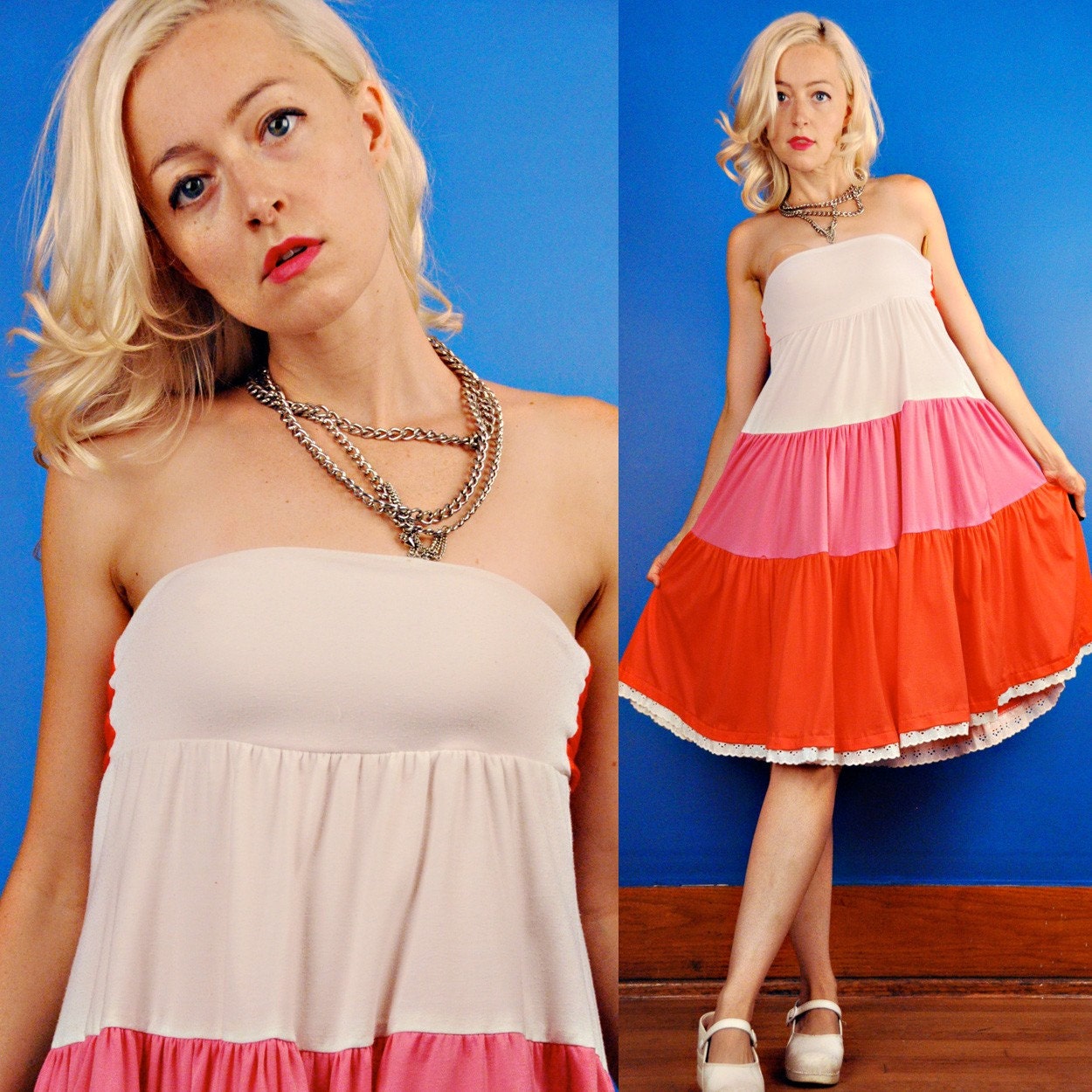 STRAPLESS RED PINK WHITE STRIPES Vintage 70s COTTON TIERED TUBE DRESS XS Extra Small