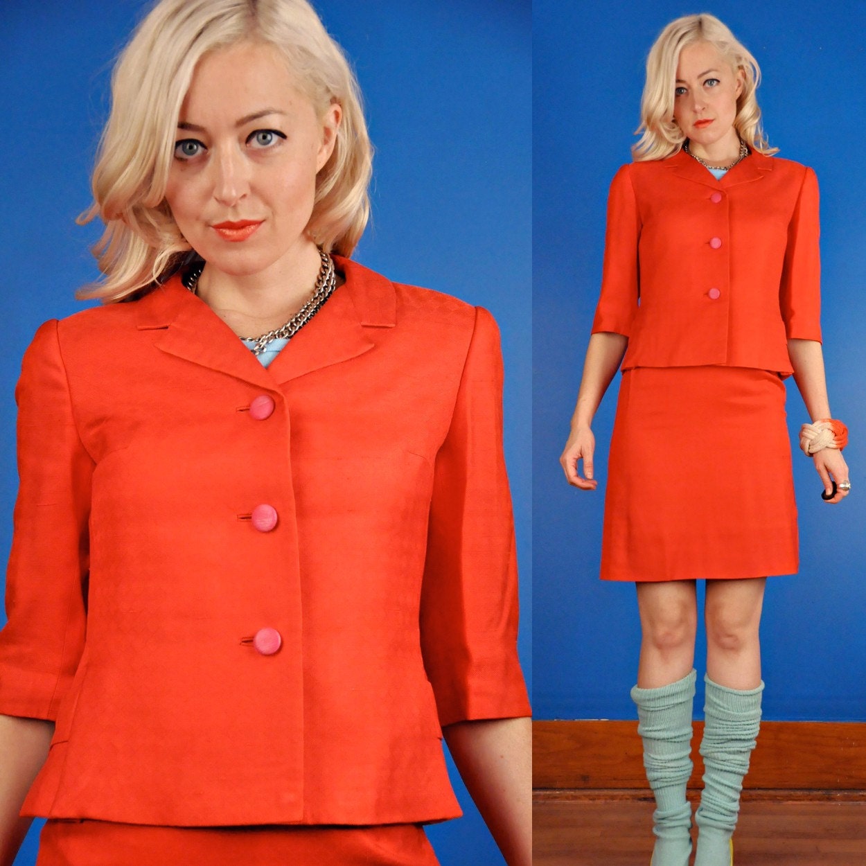 Ben Reig Vintage 50s/60s Ruby Red Silk Skirt and Blazer Suit XS Extra Small/S Small