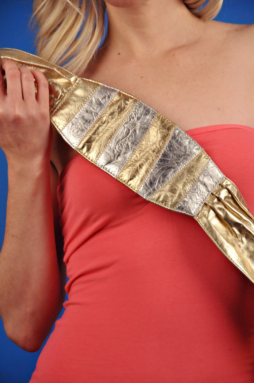 Superhero Vintage 80s Gold and Silver Leather Velcro Cumberband Belt S Small/M Medium