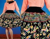 Kermess Vintage 50s Rainbow Flora Fauna Print Black Mexican Circle Full Skirt XS Extra Small/S Small
