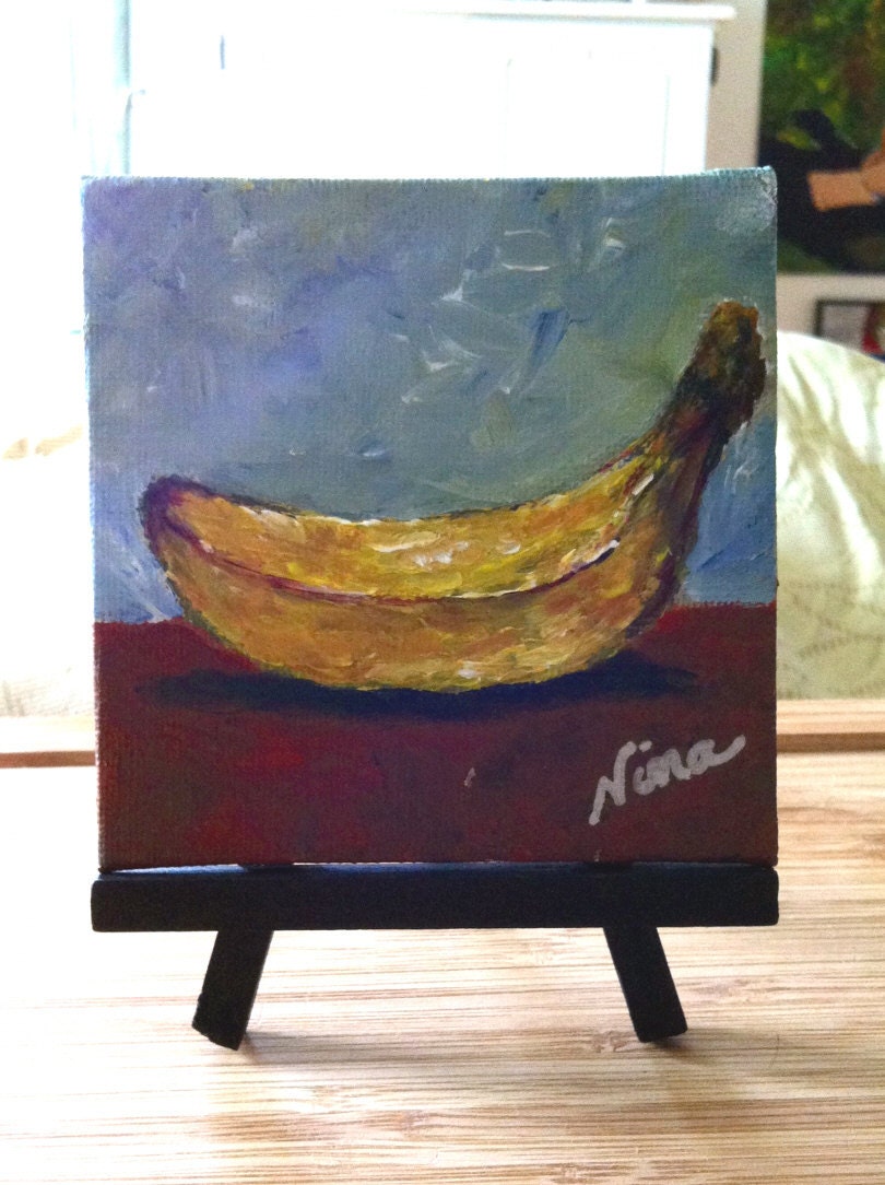 4"x4"acrylic original easle black banana fruit tree garden canvas board yellow pink blue green