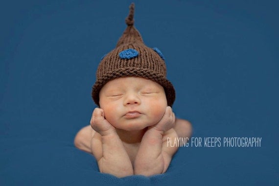 Hat for Baby, Chocolate Brown Knome Hat , Hickory Brown with Blue Polka Dot Pixie, Stocking Cap, Photo Prop Infant Baby Hat